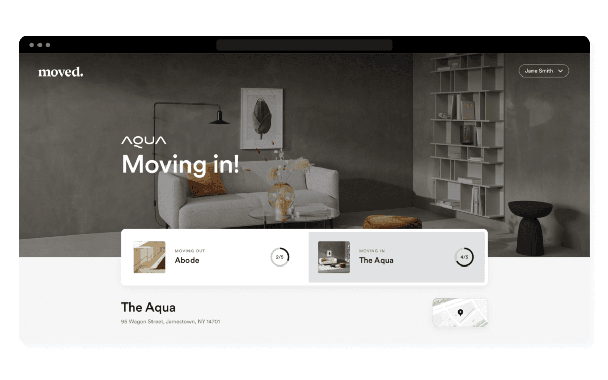 Moved resident onboarding dashboard shown in a browser window, with a Moving in! welcome banner and move-out and move-in progress cards