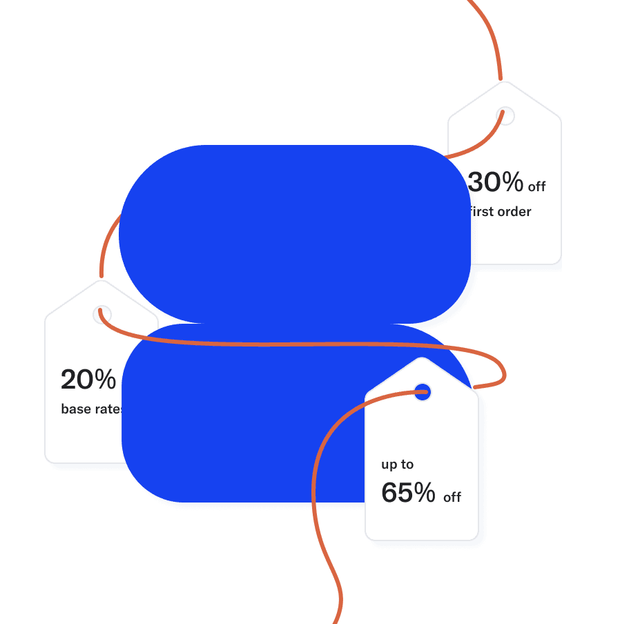 Illustration of the Stuf logo wrapped in a ribbon with discount tags reading 30% off first order, 20% base rates and up to 65% off