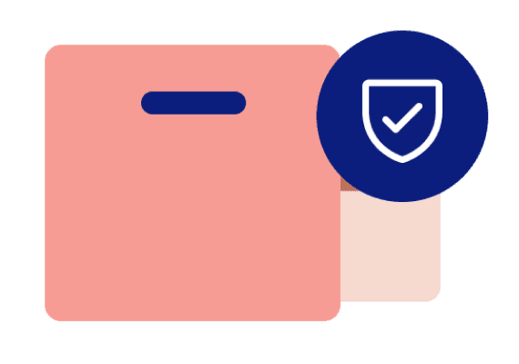 Illustration of a shield with a checkmark over a moving box, representing a storage protection plan