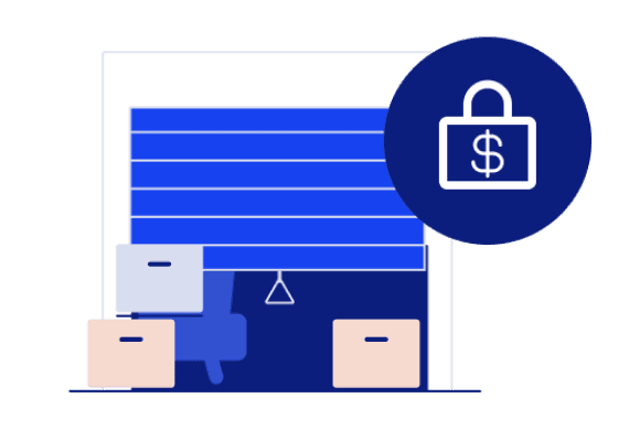 Illustration of a padlock with a dollar sign in front of a storage unit stacked with moving boxes, representing a locked-in storage price