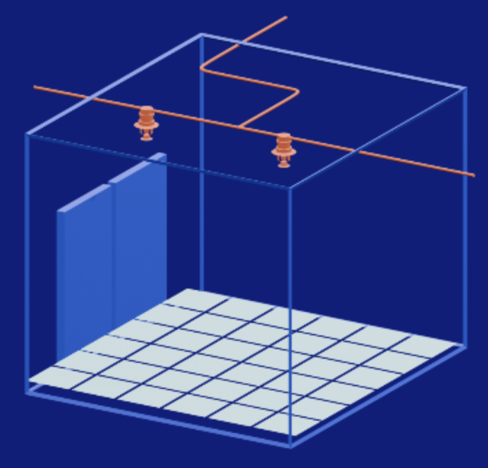 Illustration of an ideal Stuf space: a finished room with level floors, a separate entry wall and overhead sprinklers