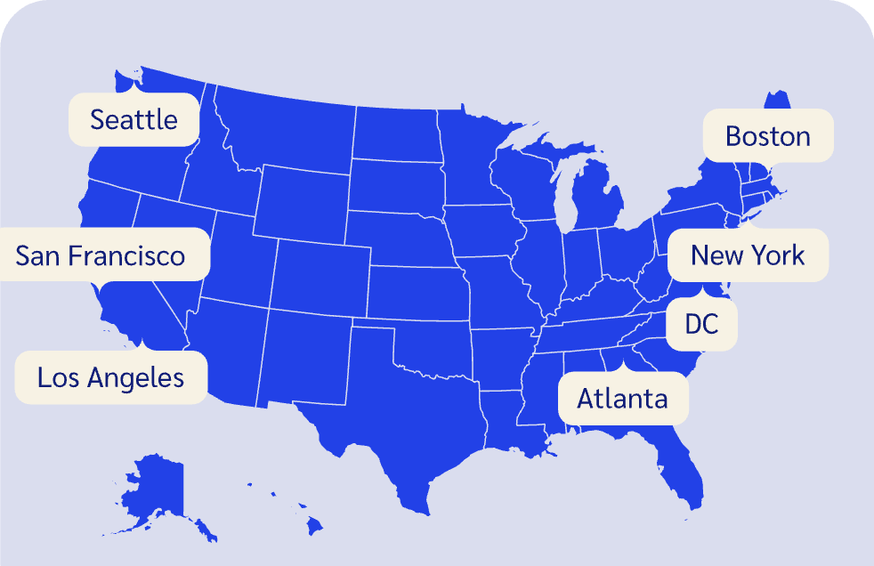 Map of Stuf markets: Seattle, San Francisco, Los Angeles, Atlanta, DC, New York and Boston